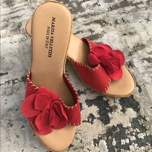 Women sandal with red flower made out of leather